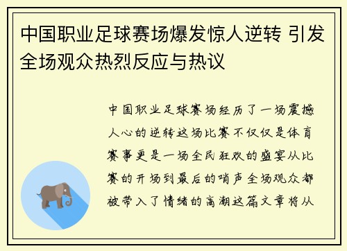 中国职业足球赛场爆发惊人逆转 引发全场观众热烈反应与热议