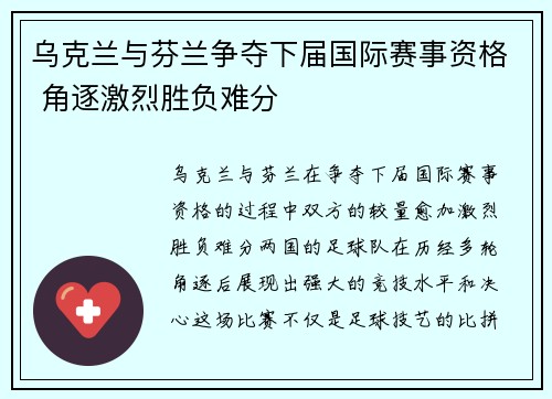 乌克兰与芬兰争夺下届国际赛事资格 角逐激烈胜负难分