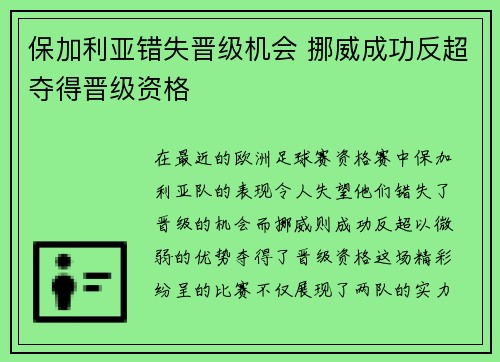 保加利亚错失晋级机会 挪威成功反超夺得晋级资格