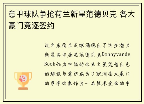 意甲球队争抢荷兰新星范德贝克 各大豪门竞逐签约